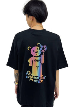 OVERSIZED RAINBOW CHAMPION PLAYER BEAR (BLACK) COTTON JERSEY TSHIRT