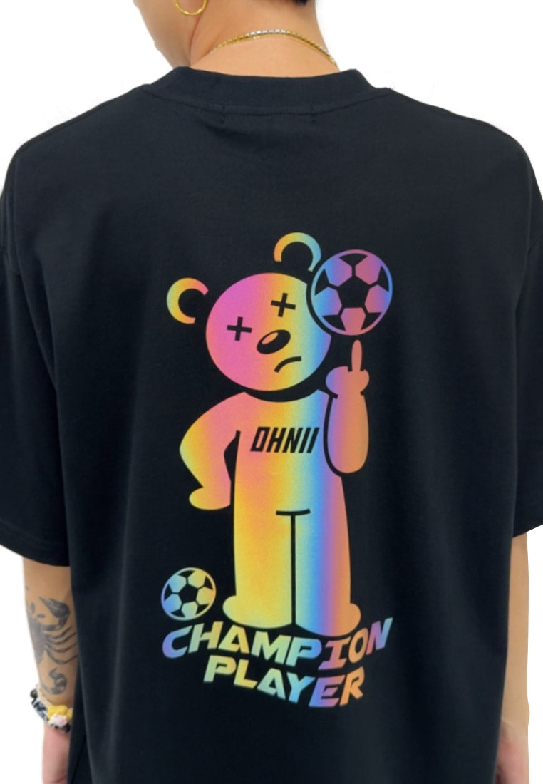 OVERSIZED RAINBOW CHAMPION PLAYER BEAR (BLACK) COTTON JERSEY TSHIRT