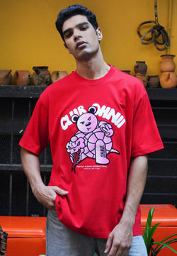 OVERSIZED FRONT SNAKE HAUGHTY BEAR (RED) COTTON JERSEY TSHIRT