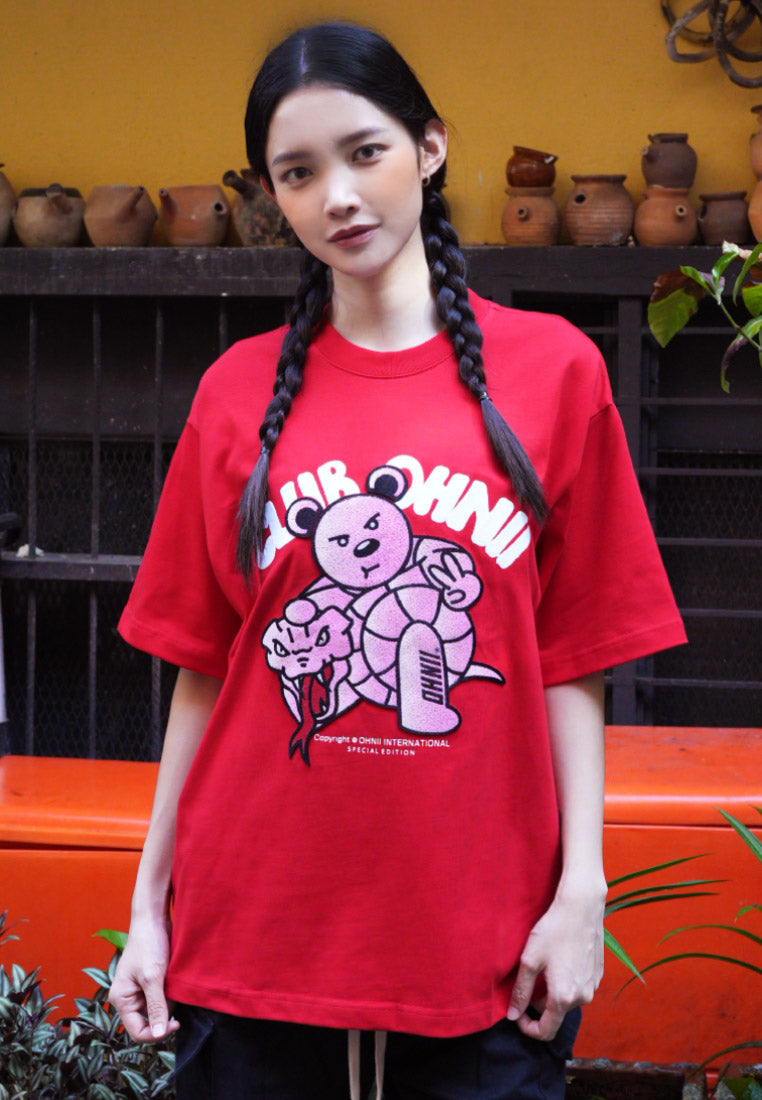 CNY EXCLUSIVE: CNY FRONT SNAKE HAUGHTY BEAR (RED) COTTON JERSEY TSHIRT