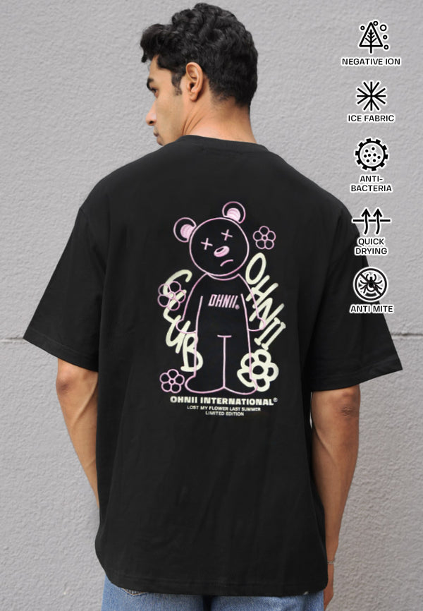 OVERSIZED FLOWER GRAFFITI GLOW IN THE DARK HAUGHTY BEAR (BLACK) COTTON JERSEY TSHIRT