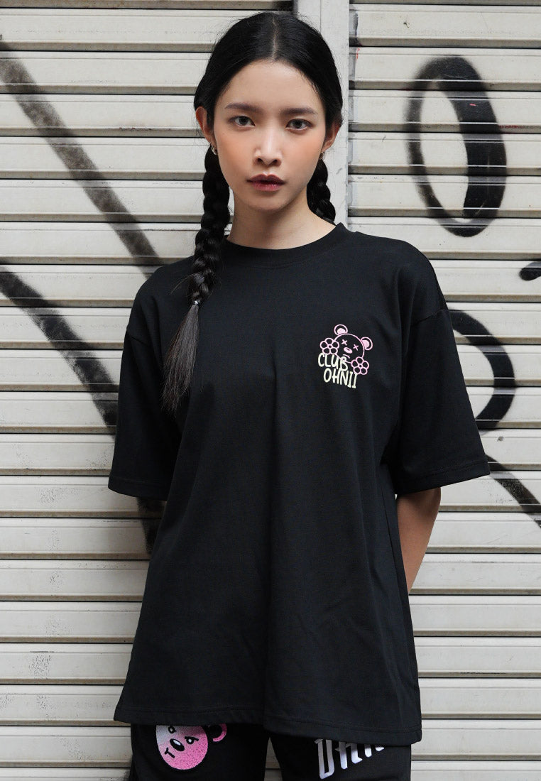 OVERSIZED FLOWER GRAFFITI GLOW IN THE DARK HAUGHTY BEAR (BLACK) COTTON JERSEY TSHIRT