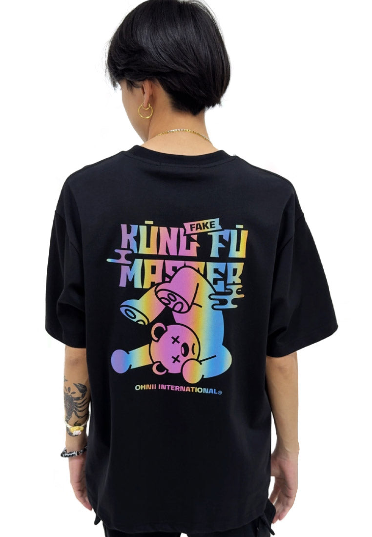 OVERSIZED RAINBOW KUNGFU BEAR UPSIDE DOWN (BLACK) COTTON JERSEY TSHIRT