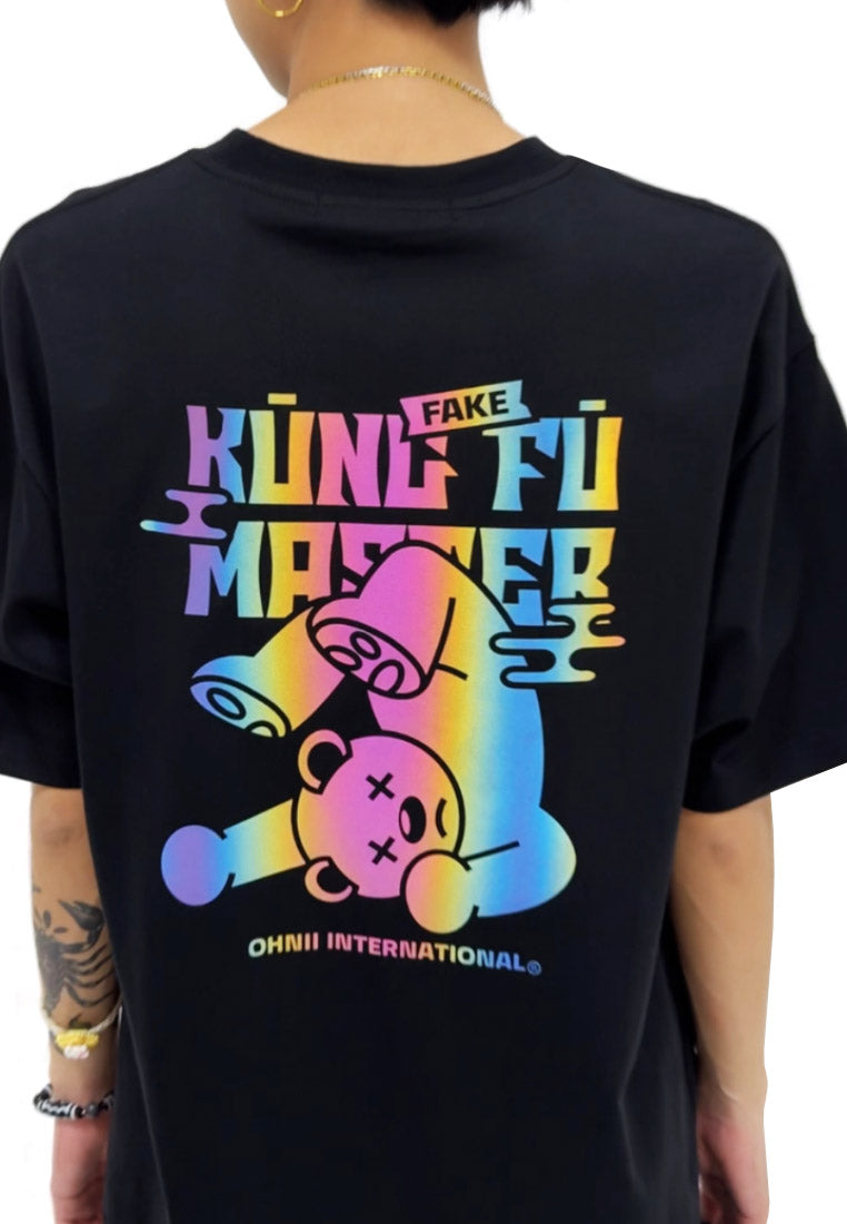 OVERSIZED RAINBOW KUNGFU BEAR UPSIDE DOWN (BLACK) COTTON JERSEY TSHIRT