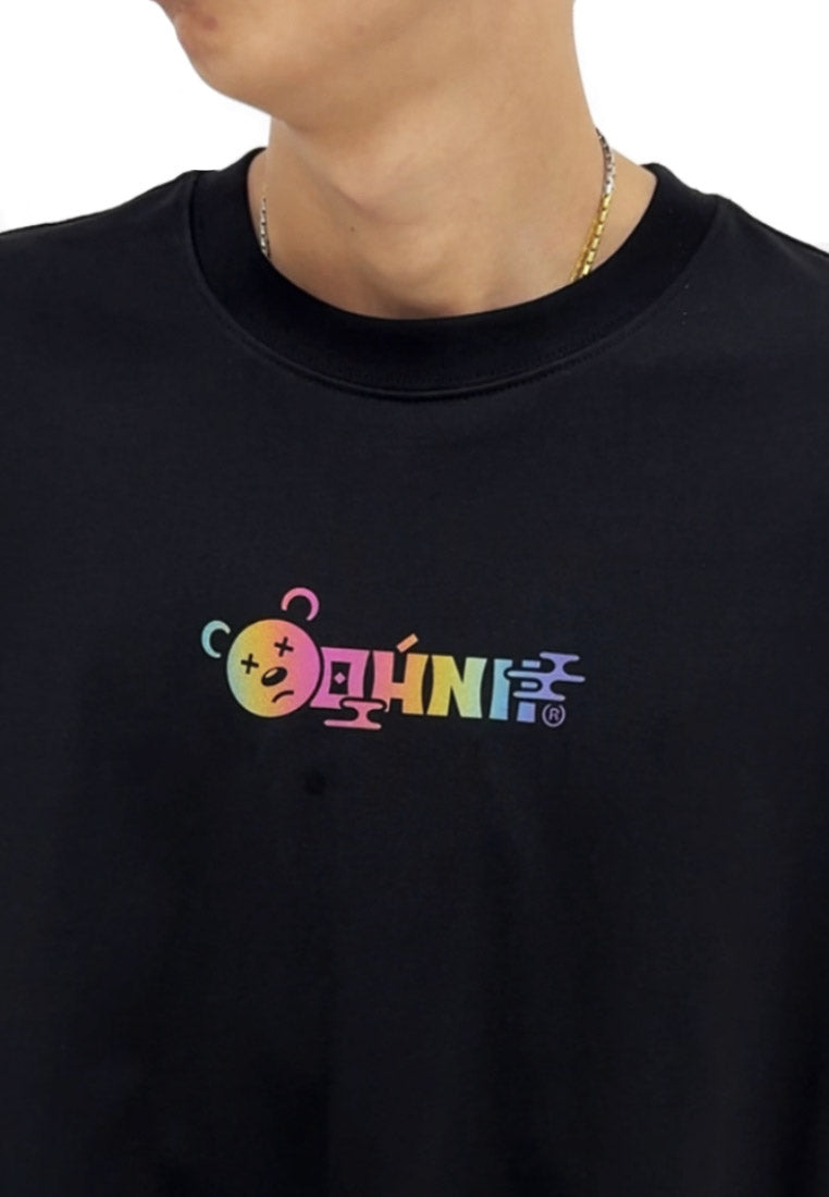 OVERSIZED RAINBOW KUNGFU BEAR UPSIDE DOWN (BLACK) COTTON JERSEY TSHIRT