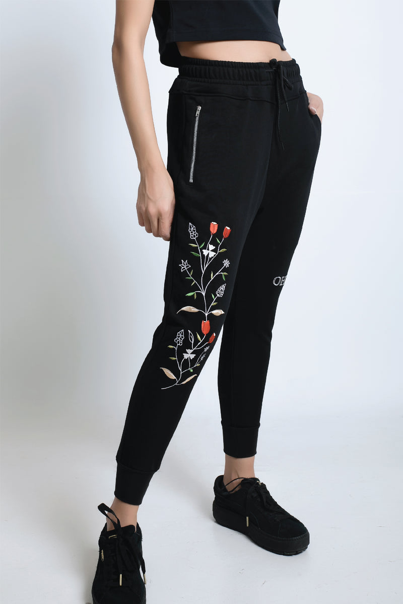 embroidered wild flower jogger pants